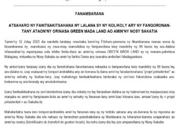 ATSAHARO NY FANITSAKITSAHANA NY LALANA SY NY KOLIKOLY ARY NY FANGORONAN- TANY ATAON’NY ORINASA GREEN MADA LAND AO AMIN’NY NOSY SAKATIA