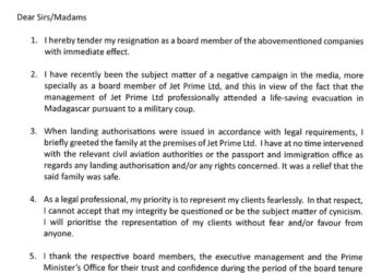 Un conseiller juridique démissionne des conseils d’administration d’entreprises aériennes suite à la controverse sur un vol d’évacuation malgache